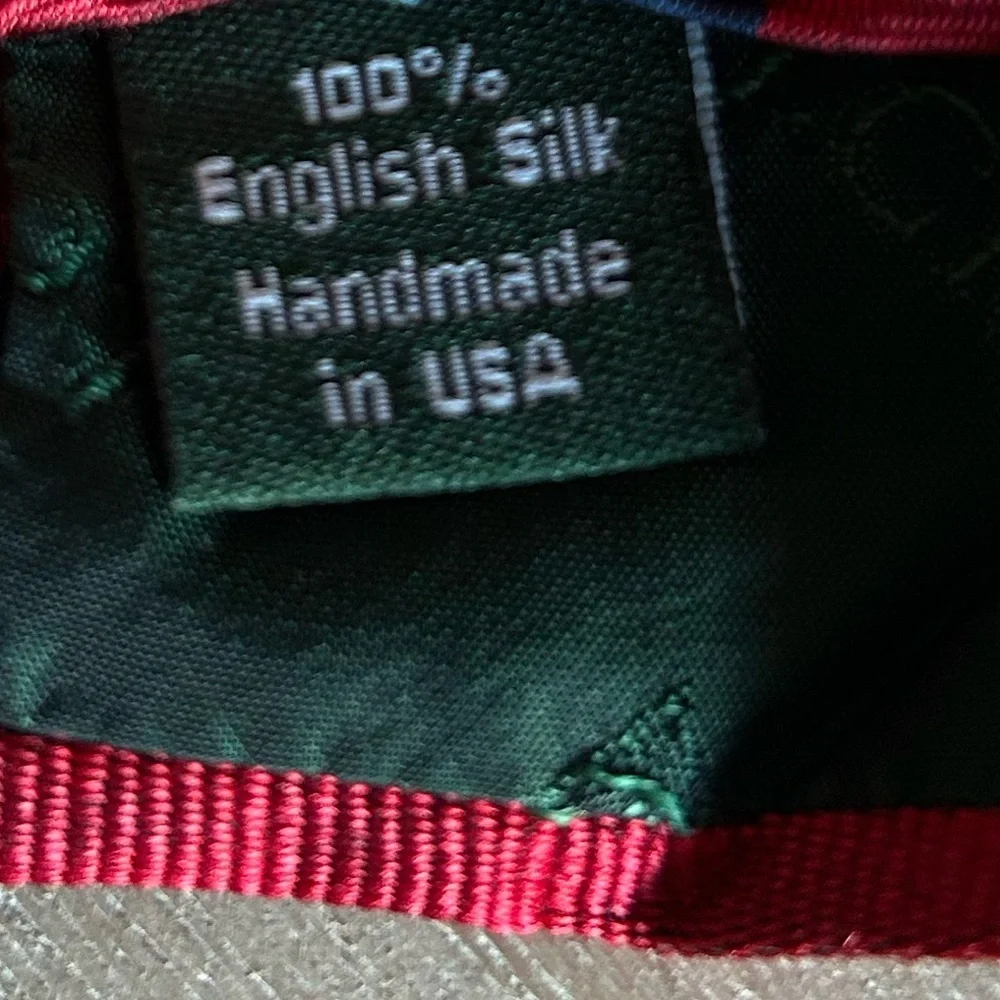 J.Crew mens red and blue striped whale accent necktie 100% English silk USA made